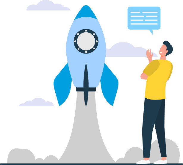 A man enthusiastically watches a rocket taking off, representing a new beginning